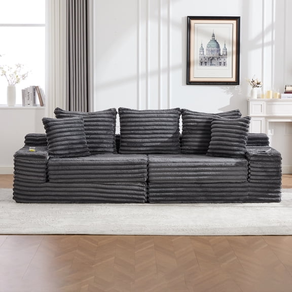 Oversized Four-Seat Corduroy Sofa Bed with Cup Holder and Side Pockets, Dark Gray