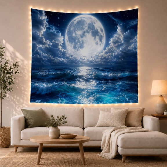 Oversized Full Moon Over White-Capped Ocean Waves, Dramatic Digital Art for Ocean Lovers, Lunar Ocean Art, Housewarming Gift, Tapestry Wall Hanging for Bedroom and Living Room