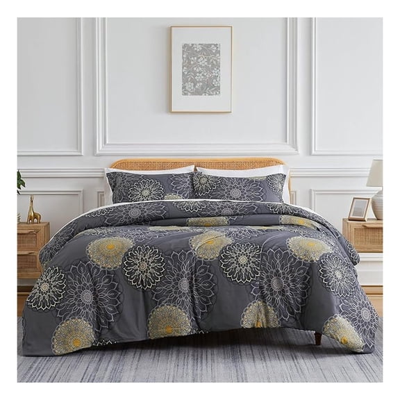 Oversized Full/Queen Comforter Bedding Set Midnight Floral Black Down Alternative Boho w/2 Shams