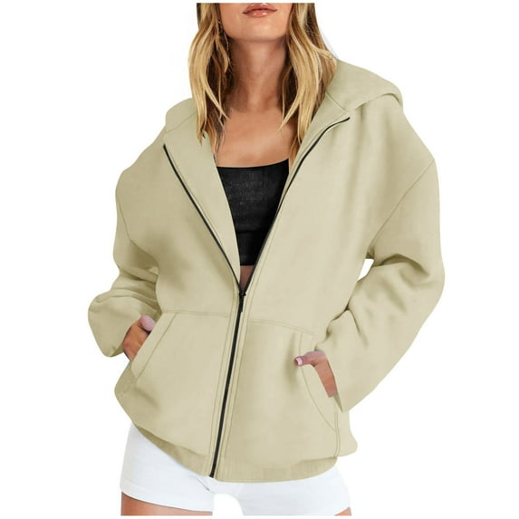 Oversized Full Zip Hoodie Jackets Womens Fleece Lined Long Sleeve Hooded Sweatshirts Outwear Coats with Pockets (M, Khaki)