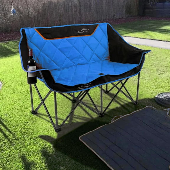 Oversized Fully Padded Camping Chair Folding Loveseat Camping Couch Double Duo Chair Heavy Duty Quad Fold Arm Chair with Cup Hold - Supports 650 Blue