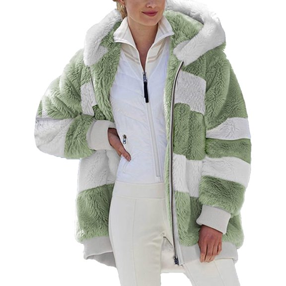 Oversized Fuzzy Fleece Jackets For Women Fashion 2024 Color Block Faux Fur Cardigan Coat Shaggy Warm Winter Outerwear
