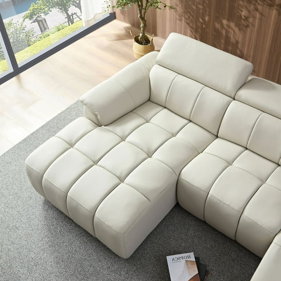 Oversized Genuine Leather L Shaped Sofa, Modern Electric Control Seat Three-Seater Couch with USB Interface, Power Recliner, Reclining Sectional Sofa with Console& Single Right Recliner, Beige