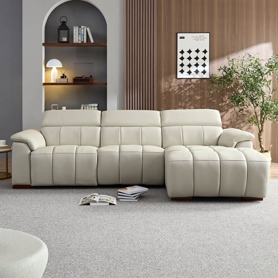 Oversized Genuine Leather L Shaped Sofa, Modern Electric Control Seat Three-Seater Couch with USB Interface, Power Recliner, Reclining Sectional Sofa with Console& Single Left Recliner, Beige