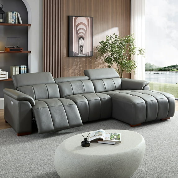 Oversized Genuine Leather L Shaped Sofa, Modern Electric Control Seat Three-Seater Couch with USB Interface, Power Recliner, Reclining Sectional Sofa with Console& Single Left Recliner, Dark Grey