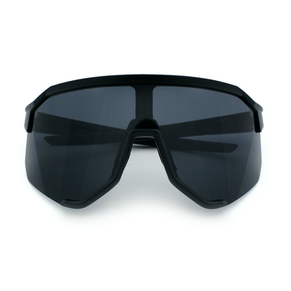 Oversized Geometric Bevel Cut Mono Shield Wrap Half Rim Sport Sunglasses [All Black]