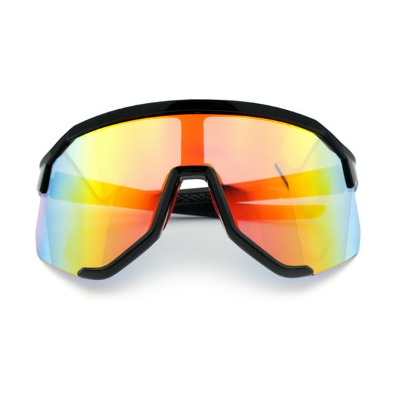 Oversized Geometric Bevel Cut Mono Shield Wrap Half Rim Sport Sunglasses [Black | Orange Mirror]