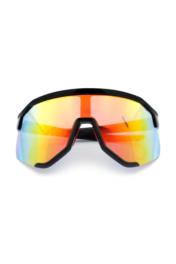 Oversized Geometric Bevel Cut Mono Shield Wrap Half Rim Sport Sunglasses [Black | Orange Mirror]