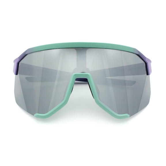 Oversized Geometric Bevel Cut Mono Shield Wrap Half Rim Sport Sunglasses [Mint Purple | Silver Mirror]