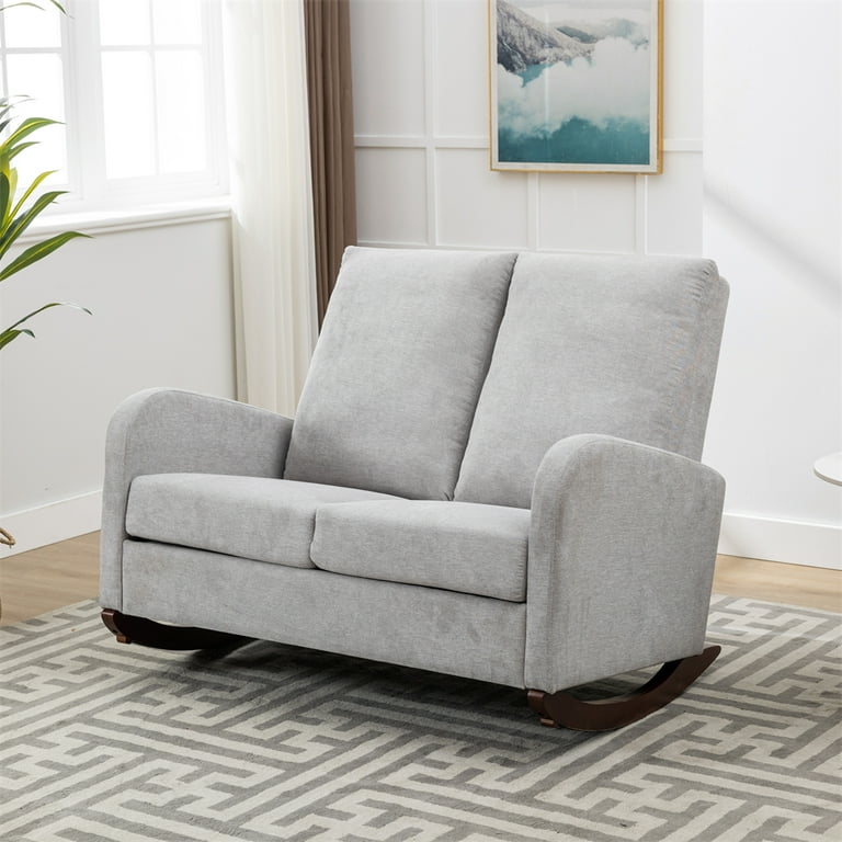 Oversized Glider Rocking Sofa Chair Linen Upholstered Loveseat Sofa with Wingback and Side Pocket Comfy Sleeper Recliner Armchair with Thick Seat