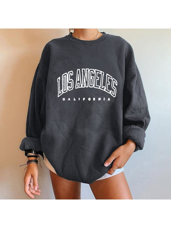 Oversized Graphic Sweatshirt for Women Los Angeles California Long Sleeve Crewneck Pullover Casual Fall Long Tops Grey S-2XL
