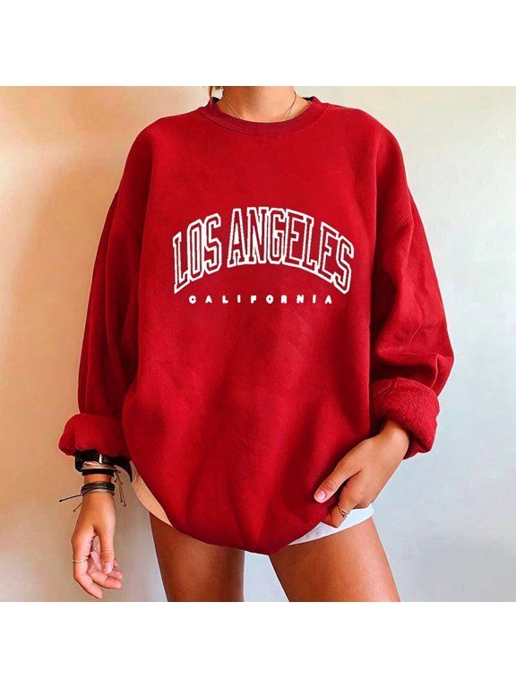 Oversized Graphic Sweatshirt for Women Los Angeles California Long Sleeve Crewneck Pullover Casual Fall Long Tops Red S-2XL
