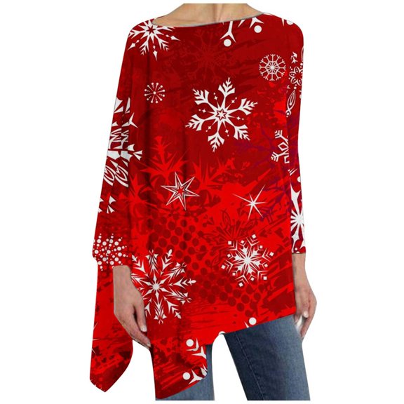 Oversized Graphic T Shirts for Women Plus Size Christmas Holiday Outfit Long Batwing Sleeve Asymmetrical Tunic Top (X-Large, Red)