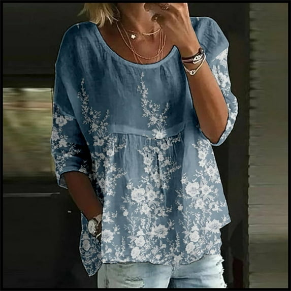 AKEGAMN Women's Floral Print 3/4 Sleeve Crew Neck Casual T-Shirt, Blue S-5XL