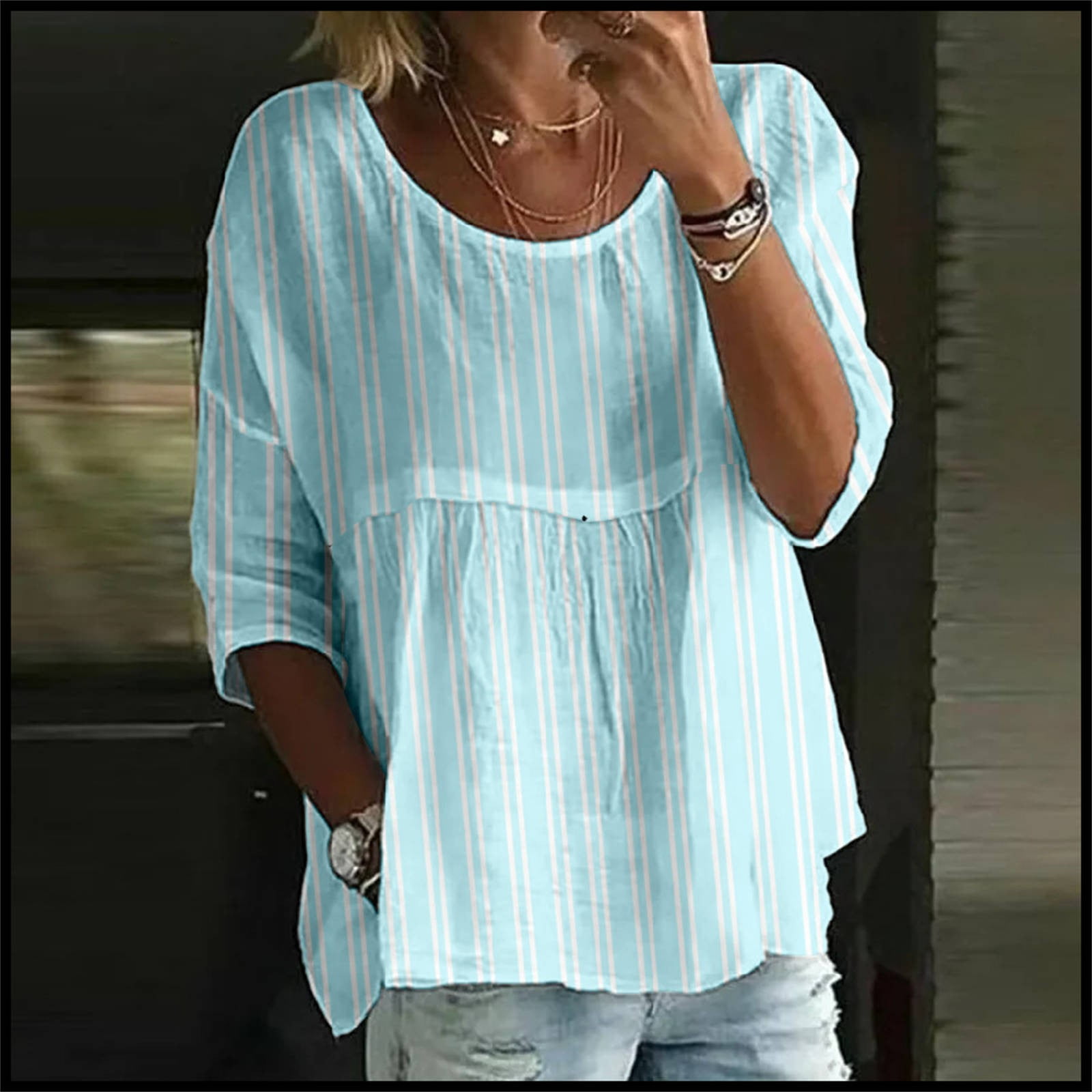 (C) Rolled Neckline Oversized Tee - Dusty Blue main image 1