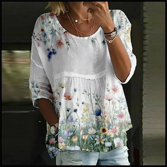 Oversized Graphic Tshirts, Green Floral Print Loose Casual Round Neck 3/4 Sleeve Large Size Blouse, Oversized Tshirts M Womens Oversized Tee Shirts, S-5XL, T Shirt Dresses 2025