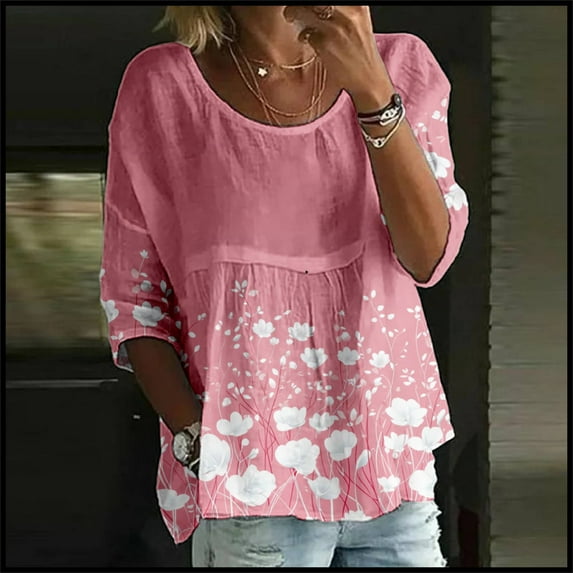 Oversized Graphic Tshirts, Red Floral Print 3/4 Sleeve Loose Round Neck Casual Large Size Blouse, Oversized Tshirts XXL Womens Oversized Tee Shirts, S-5XL, T Shirt Dresses 2025
