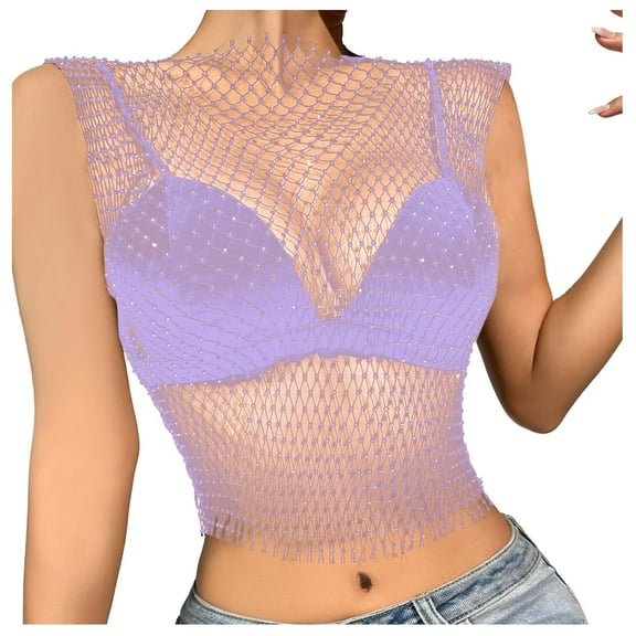 Oversized Graphic Tshirts for Women Sexy Rhinestone Mesh Tank Crop Blouse Womens Summer Tops Purple XS