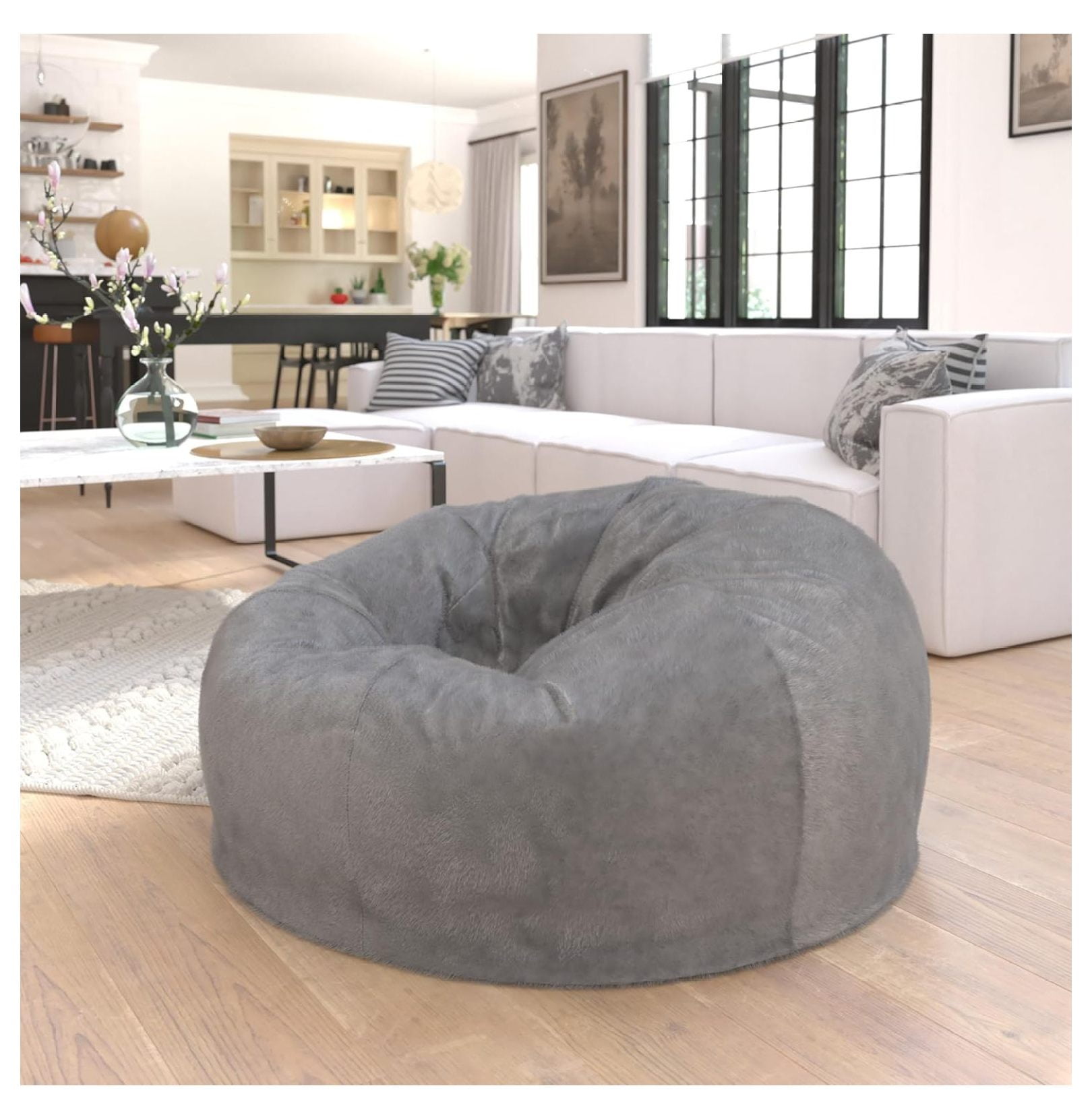 Oversized Gray Furry Bean Bag Chair for Kids and Adults
