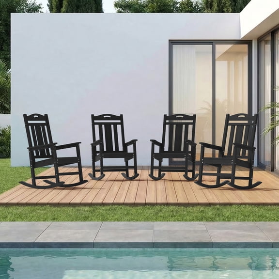 Oversized HDPE Outdoor Rocking Chair, All-Weather High Back Porch Rocker, 4-Pack, Black