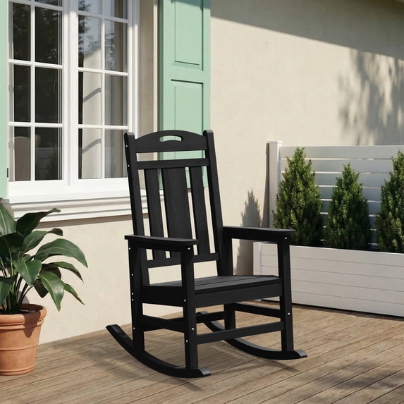 Oversized HDPE Outdoor Rocking Chair, All-Weather High Back Porch Rocker, Black