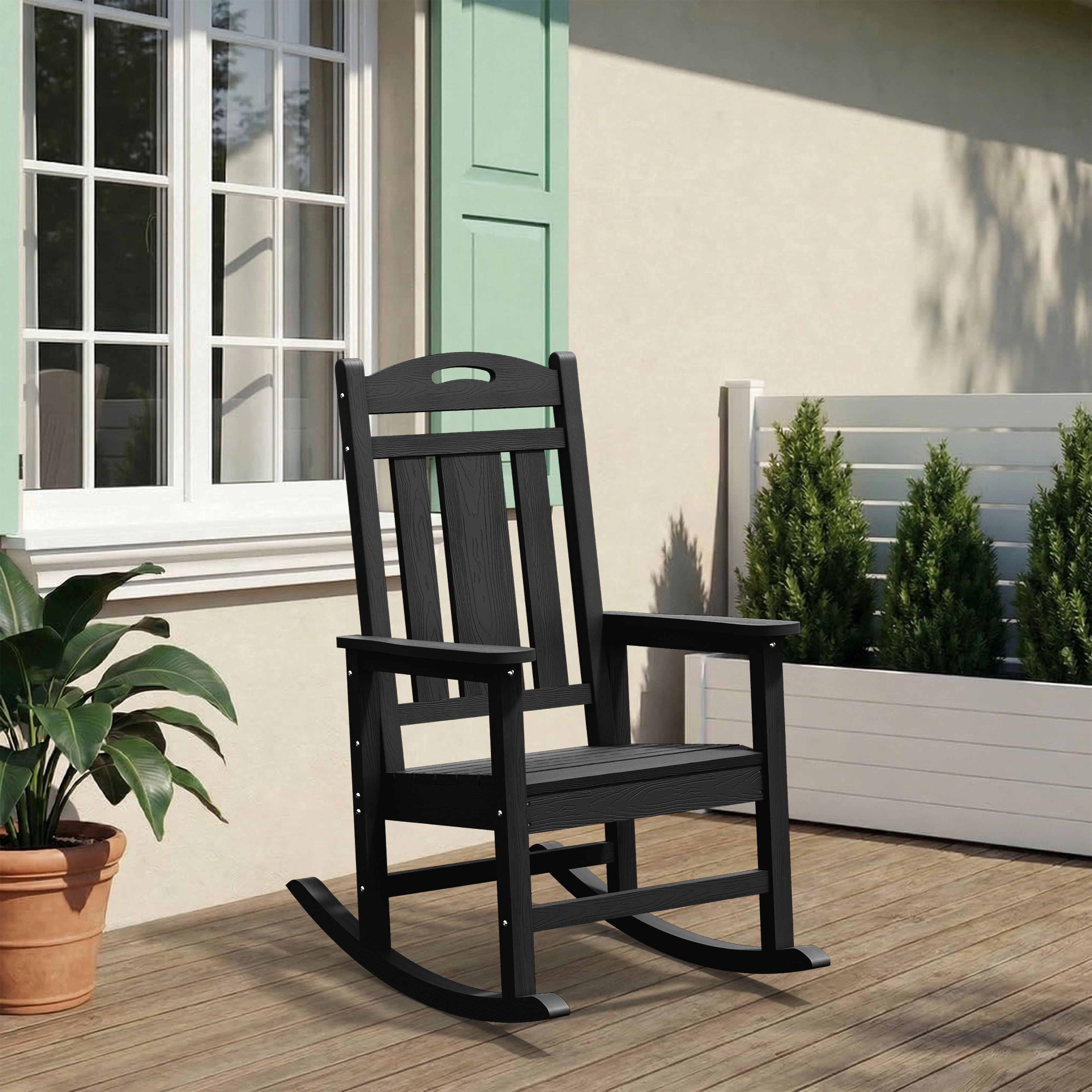 Oversized HDPE Outdoor Rocking Chair, All-Weather High Back Porch Rocker, Black