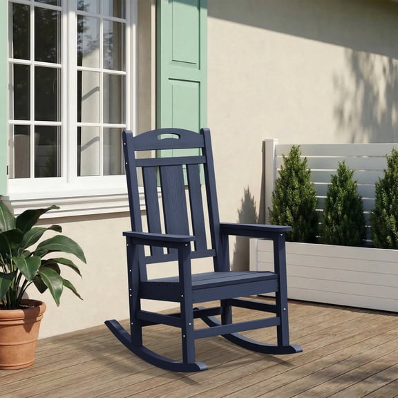 Oversized HDPE Outdoor Rocking Chair, All-Weather High Back Porch Rocker, Dark Blue