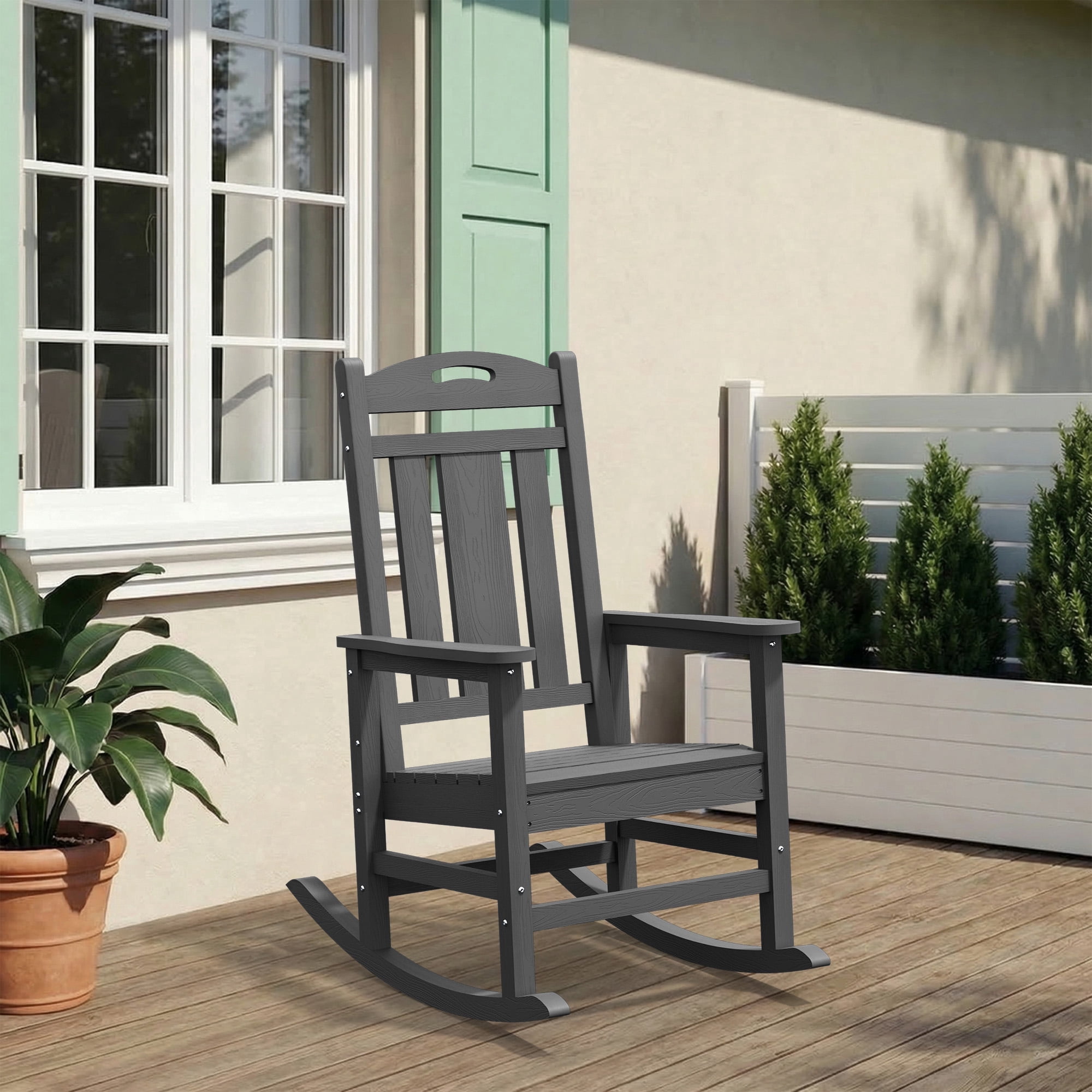 Oversized HDPE Outdoor Rocking Chair, All-Weather High Back Porch Rocker, Dark Gray
