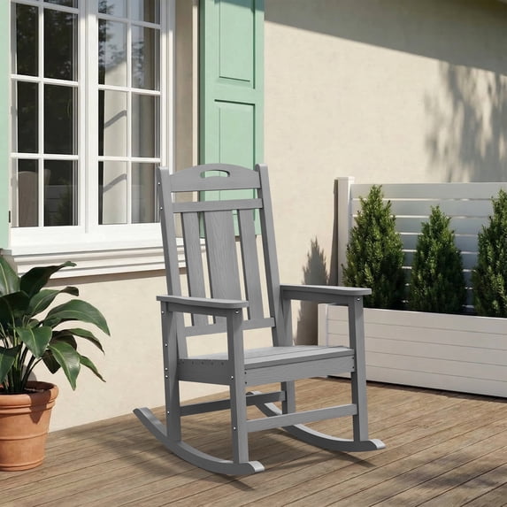 Oversized HDPE Outdoor Rocking Chair, All-Weather High Back Porch Rocker, Gray