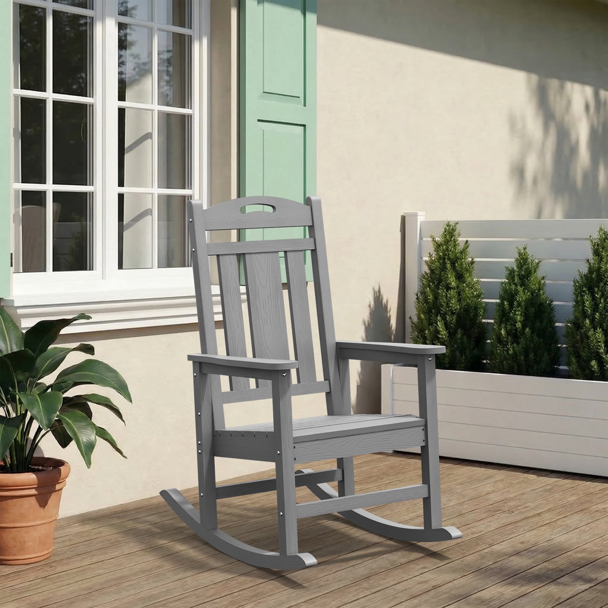 Oversized HDPE Outdoor Rocking Chair, All-Weather High Back Porch Rocker, Gray