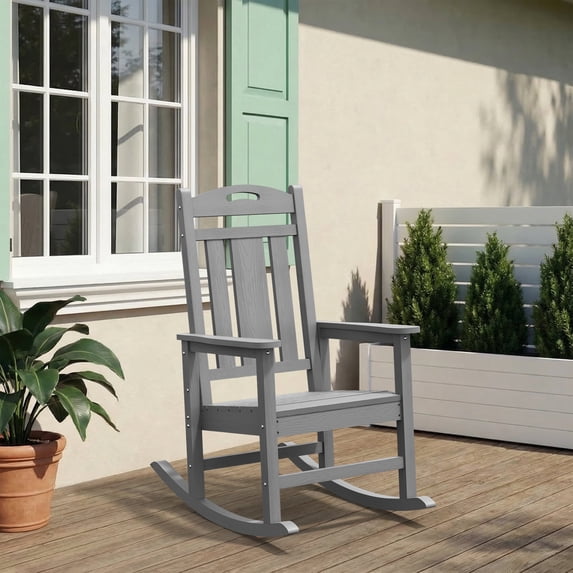 Oversized HDPE Outdoor Rocking Chair, All-Weather High Back Porch Rocker, Gray