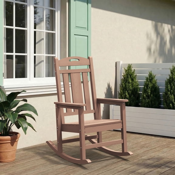 Oversized HDPE Outdoor Rocking Chair, All-Weather High Back Porch Rocker, Teak