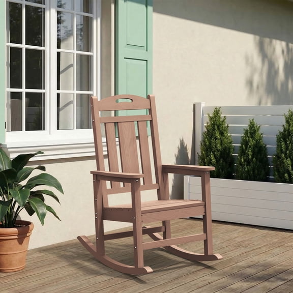 Oversized HDPE Outdoor Rocking Chair, All-Weather High Back Porch Rocker, Teak