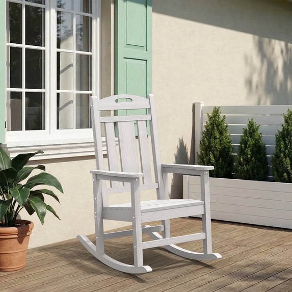 Oversized HDPE Outdoor Rocking Chair, All-Weather High Back Porch Rocker, White
