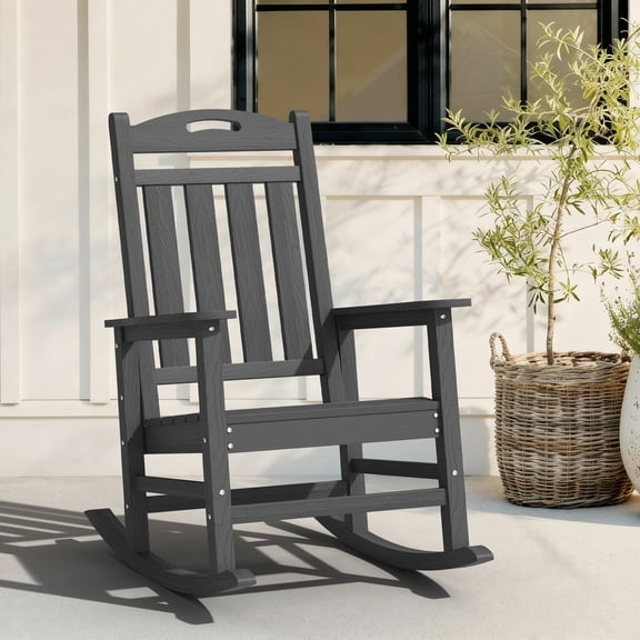 Oversized HDPE Outdoor Rocking Chair, High Back Porch Rocker 380lb, Dark Gray