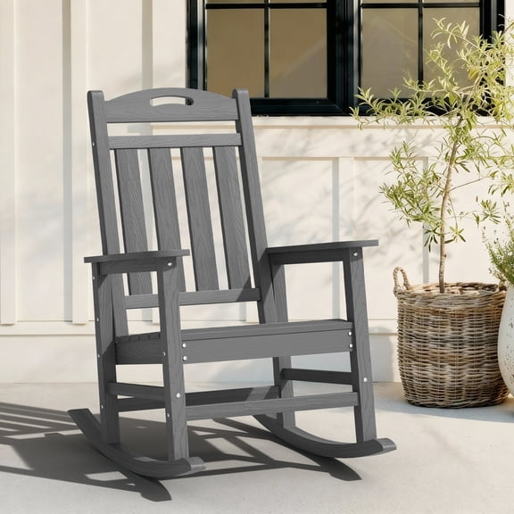 Oversized HDPE Outdoor Rocking Chair, High Back Porch Rocker 380lb, Light Gray
