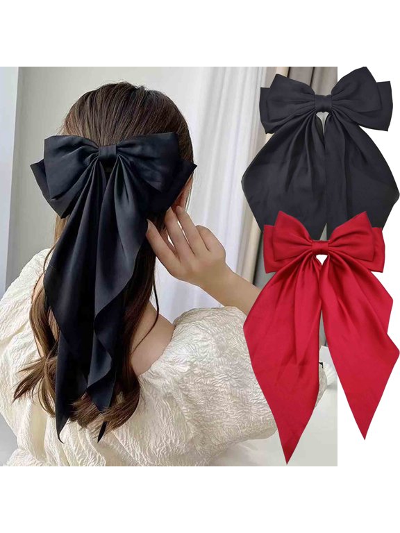 Oversized Hair Bows Clips forWomen | Coquette Bows Accessories Cute & Elegant Silk Ribbon Bow with Tassel Hair Clips for Women and Girls, Long Hair Women Must Haves