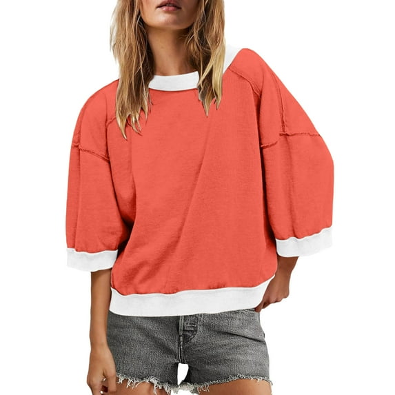 Oversized Half Sleeve Crop Tops Womens Color Block Crewneck Pullover Sweatshirts Lightweight Casual Jumpers (XL, Orange)