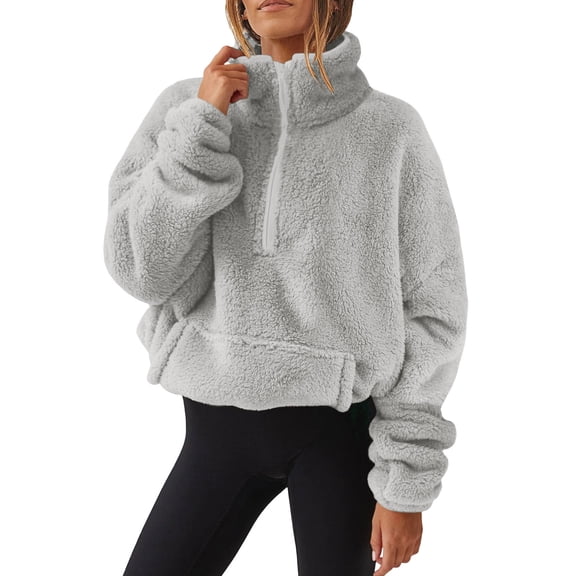 Oversized Half Zip Sweatshirt for Women Sherpa Pullover Tops with Pockets Fuzzy Fleece Stand Collar Sweatshirt (Gray 2XL)