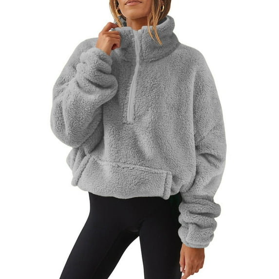 Oversized Half Zip Sweatshirt for Women Sherpa Pullover Tops with Pockets Fuzzy Fleece Stand Collar Sweatshirt (Gray L)