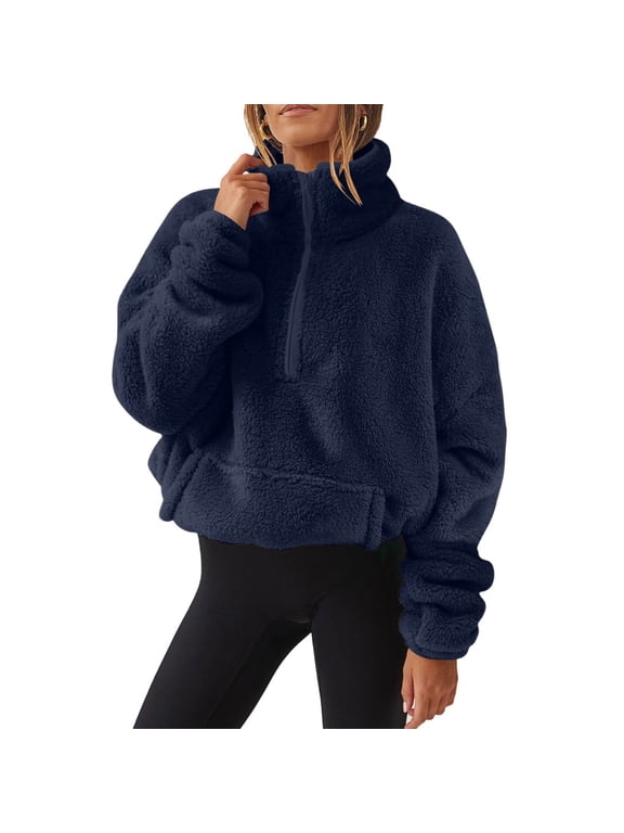Oversized Half Zip Sweatshirt for Women Sherpa Pullover Tops with Pockets Fuzzy Fleece Stand Collar Sweatshirt (Navy L)