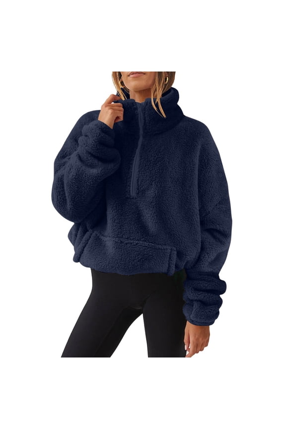 Oversized Half Zip Sweatshirt for Women Sherpa Pullover Tops with Pockets Fuzzy Fleece Stand Collar Sweatshirt (Navy M)