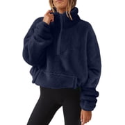 Oversized Half Zip Sweatshirt for Women Sherpa Pullover Tops with Pockets Fuzzy Fleece Stand Collar Sweatshirt Navy S