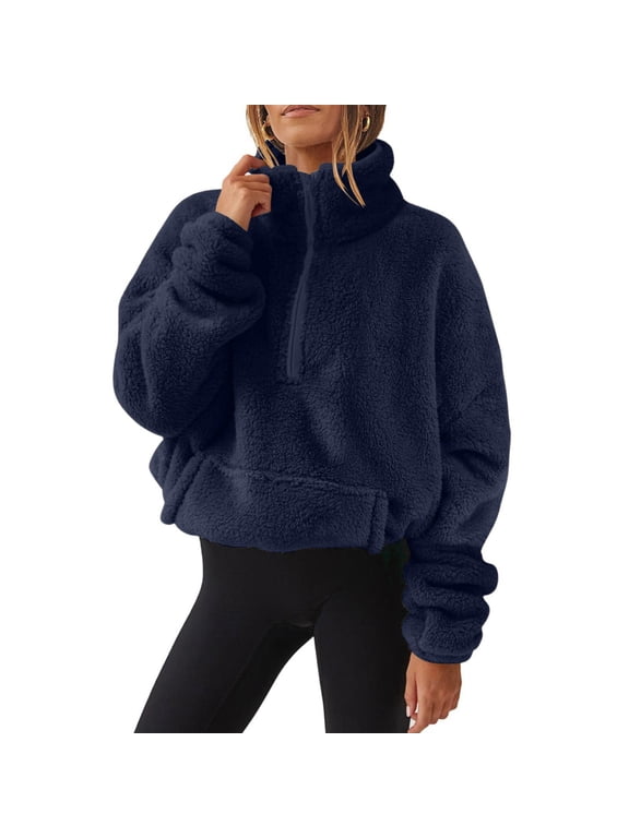 Oversized Half Zip Sweatshirt for Women Sherpa Pullover Tops with Pockets Fuzzy Fleece Stand Collar Sweatshirt (Navy S)