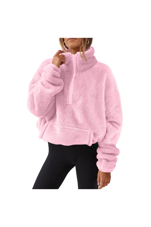 Oversized Half Zip Sweatshirt for Women Sherpa Pullover Tops with Pockets Fuzzy Fleece Stand Collar Sweatshirt (Pink L)