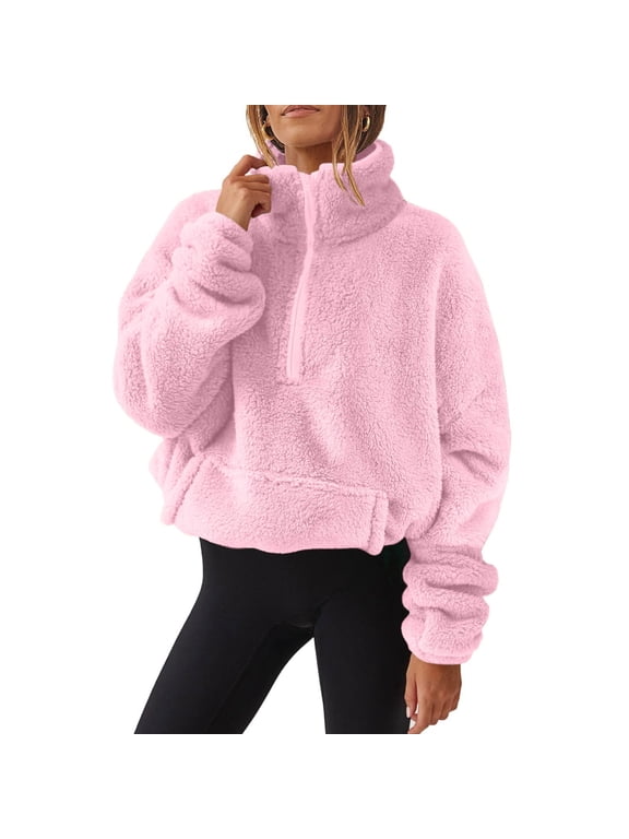 Oversized Half Zip Sweatshirt for Women Sherpa Pullover Tops with Pockets Fuzzy Fleece Stand Collar Sweatshirt (Pink M)