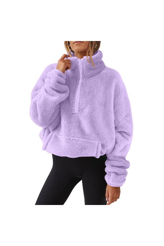 Oversized Half Zip Sweatshirt for Women Sherpa Pullover Tops with Pockets Fuzzy Fleece Stand Collar Sweatshirt (Purple L)