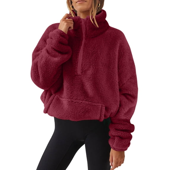 Oversized Half Zip Sweatshirt for Women Sherpa Pullover Tops with Pockets Fuzzy Fleece Stand Collar Sweatshirt (Wine 2XL)