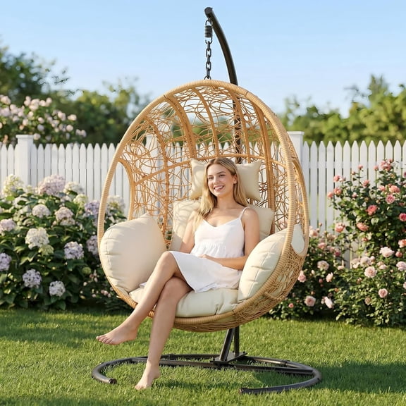 TQKVIPI Oversized Hanging Egg Chair Outdoor Indoor, Wicker Swing Egg Chair with Stand Rain Cover UV Resistant Cushion 400lbs Capacity for Bedroom, Patio, Garden and Balcony (Beige-Regular)