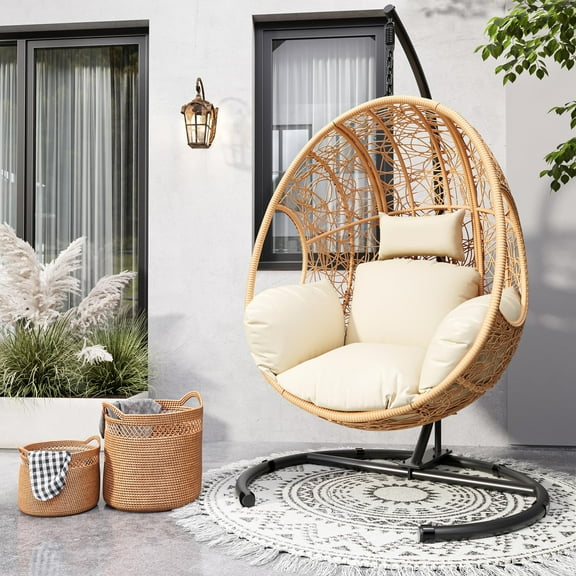 TQKVIPI Oversized Hanging Egg Chair Outdoor Indoor, Wicker Swing Egg Chair with Stand  Rain Cover UV Resistant Cushion 400lbs Capacity for Bedroom, Patio, Garden and Balcony (Beige-Regular)